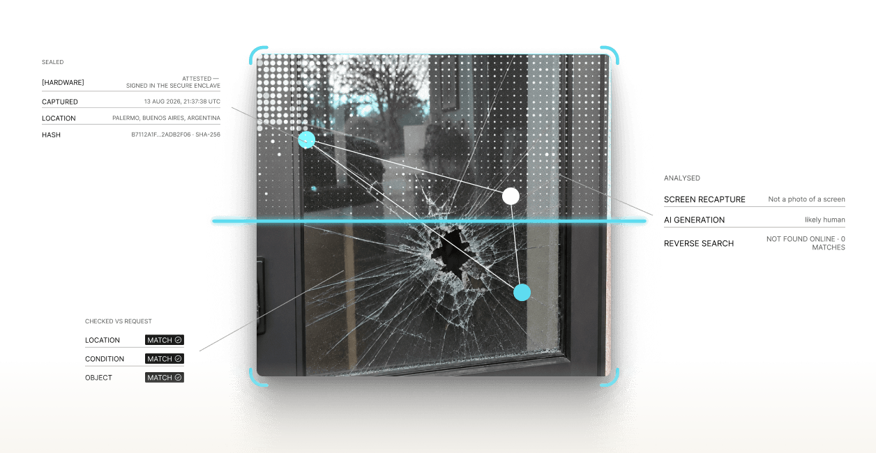 Certified photo of a broken window annotated with its seal details — hardware, capture time, location and hash — beside screen-recapture, AI-generation and reverse-search checks